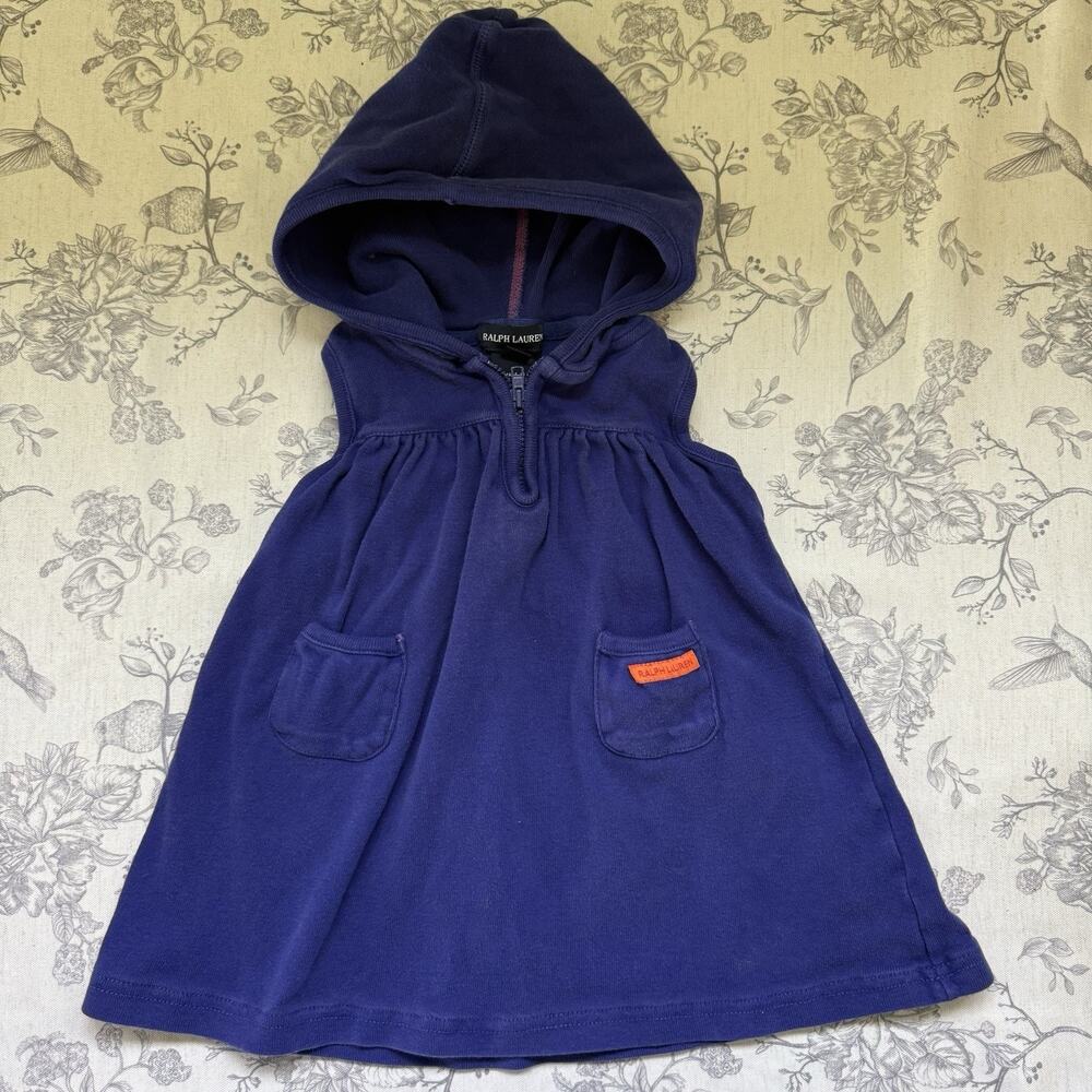 VTG Ralph Lauren Baby Girls Purple Hoodie 100% Cotton Dress 12-18 Month Pocket